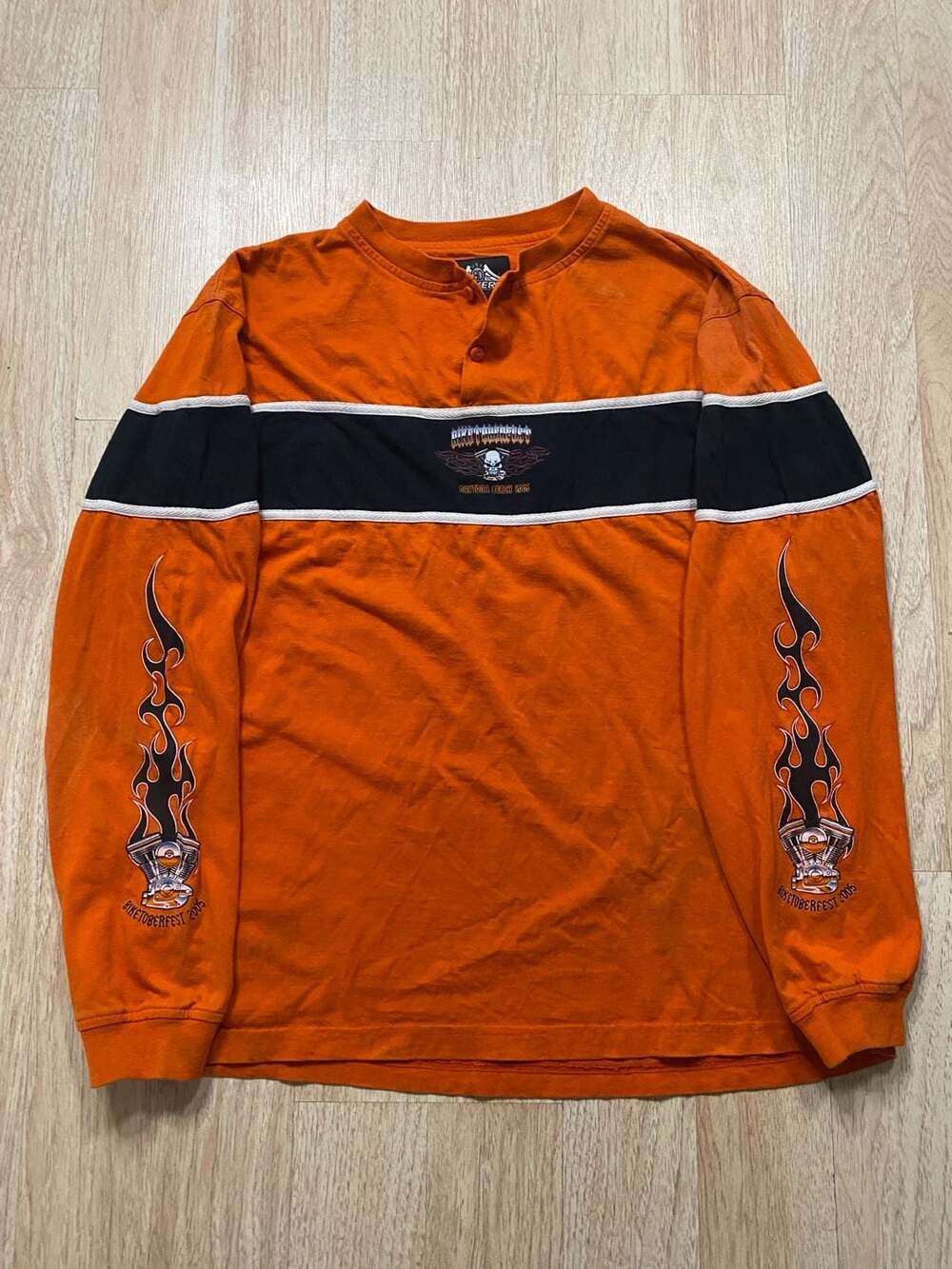 Biker Design Long Sleeve Henley Shirt Size XL Orange Black Flame Biker